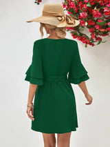Round Neck Tie Belt Flounce Sleeve Dress - Trendsi - Flyclothing LLC