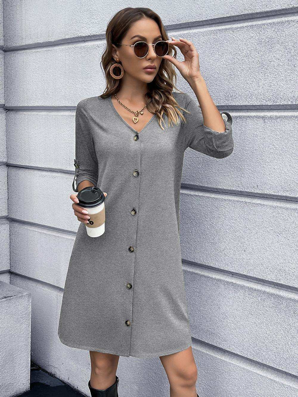 Button Down V-Neck Mini Dress - Trendsi - Flyclothing LLC