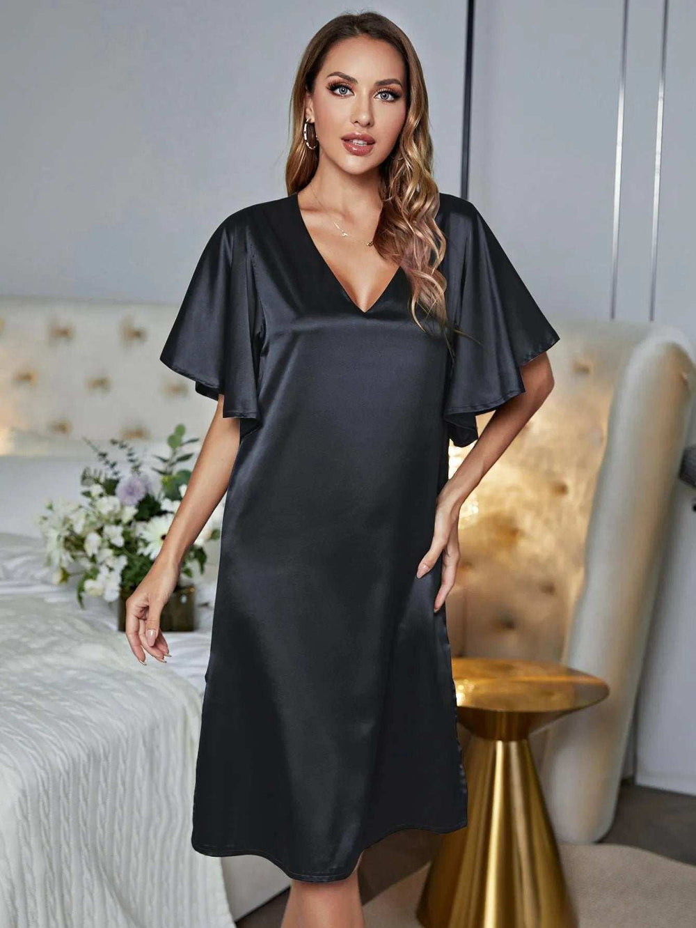 V-Neck Flutter Sleeve Night Dress - Trendsi - Flyclothing LLC
