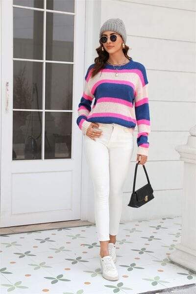 Color Block Round Neck Dropped Shoulder Sweater - Trendsi - Flyclothing LLC