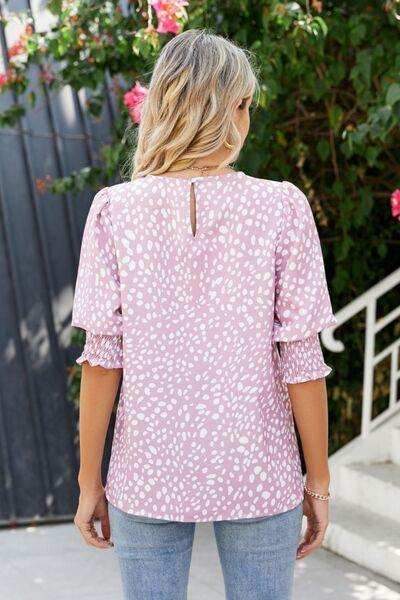Polka Dot Round Neck Lantern Sleeve Blouse - Trendsi - Flyclothing LLC