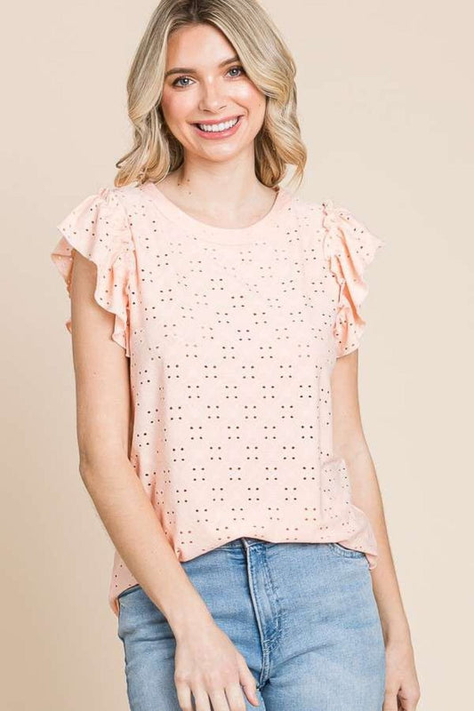 Culture Code Eyelet Round Neck Ruffled Cap Sleeve Top - Trendsi