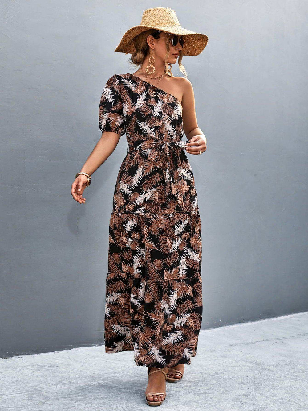 Printed Tie Waist One Shoulder Maxi Dress - Trendsi - Flyclothing LLC