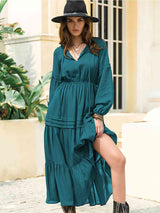 Tie Neck Long Sleeve Midi Tiered Dress - Trendsi - Flyclothing LLC