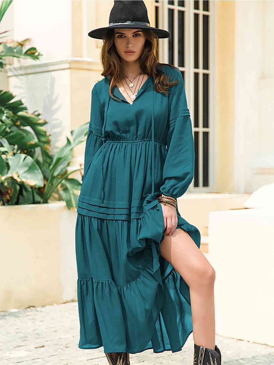Tie Neck Long Sleeve Midi Tiered Dress - Trendsi - Flyclothing LLC