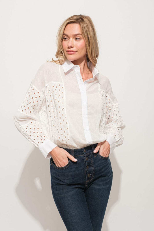And The Why Eyelet Long Sleeve Button Down Shirt - Trendsi - Flyclothing LLC