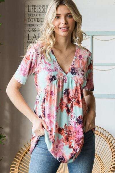 Heimish Full Size Floral V-Neck Short Sleeve Babydoll Blouse - Trendsi - Flyclothing LLC