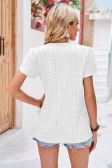Eyelet V-Neck Petal Sleeve T-Shirt - Trendsi - Flyclothing LLC