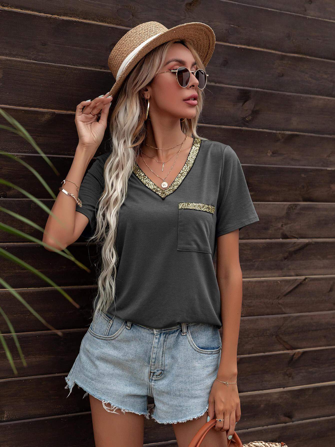 Glitter V-Neck Short Sleeve Tee Shirt - Trendsi - Flyclothing LLC