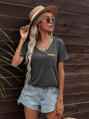 Glitter V-Neck Short Sleeve Tee Shirt - Flyclothing LLC