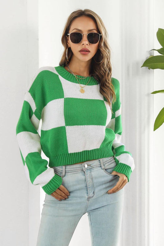 Color Block Round Neck Dropped Shoulder Sweater - Trendsi