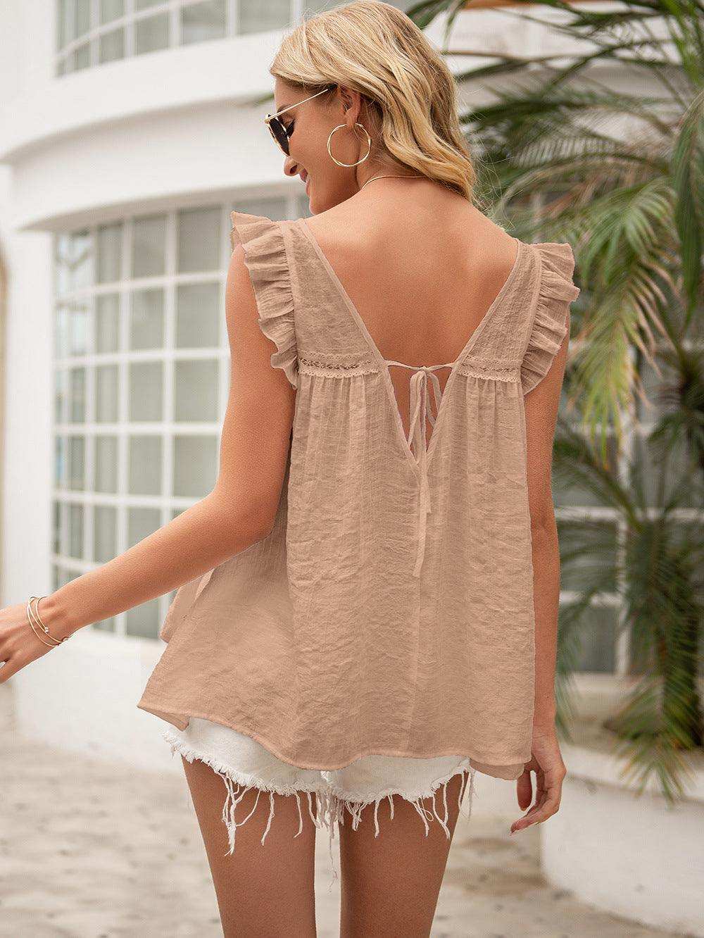Tie Back V-Neck Ruffled Blouse - Trendsi - Flyclothing LLC