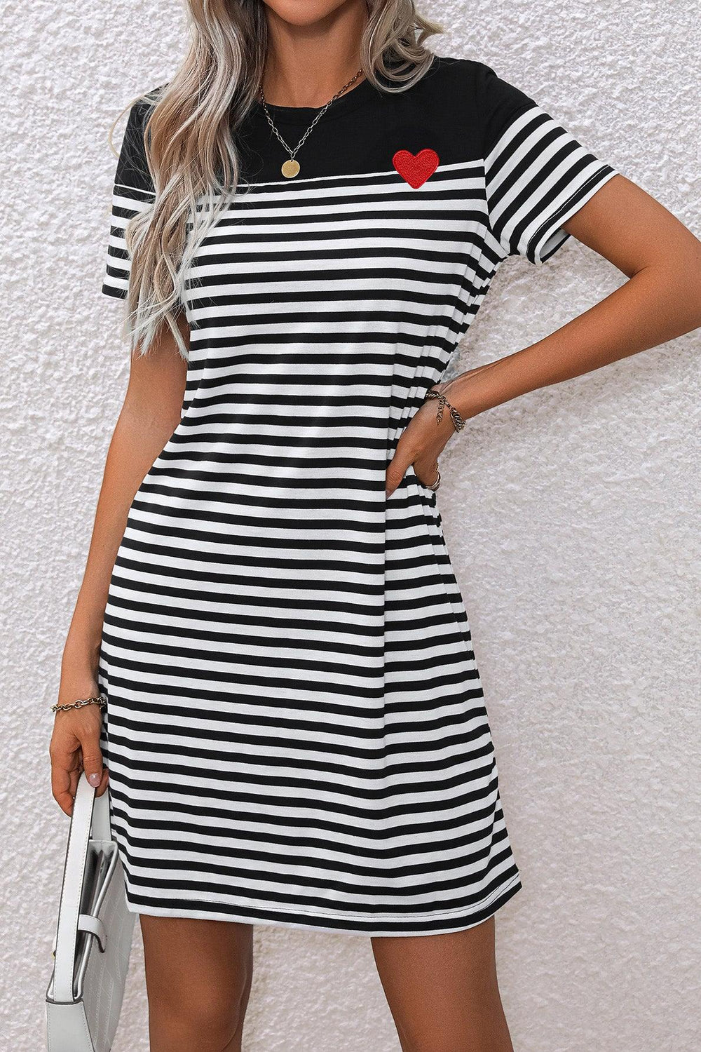 Striped Heart Short Sleeve Dress - Trendsi