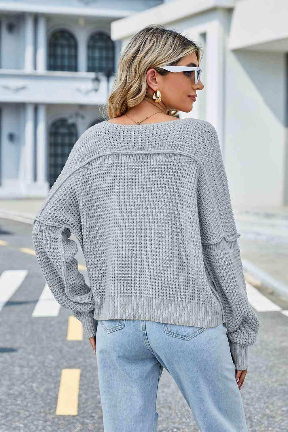 V-Neck Long Sleeve Sweater - Trendsi - Flyclothing LLC