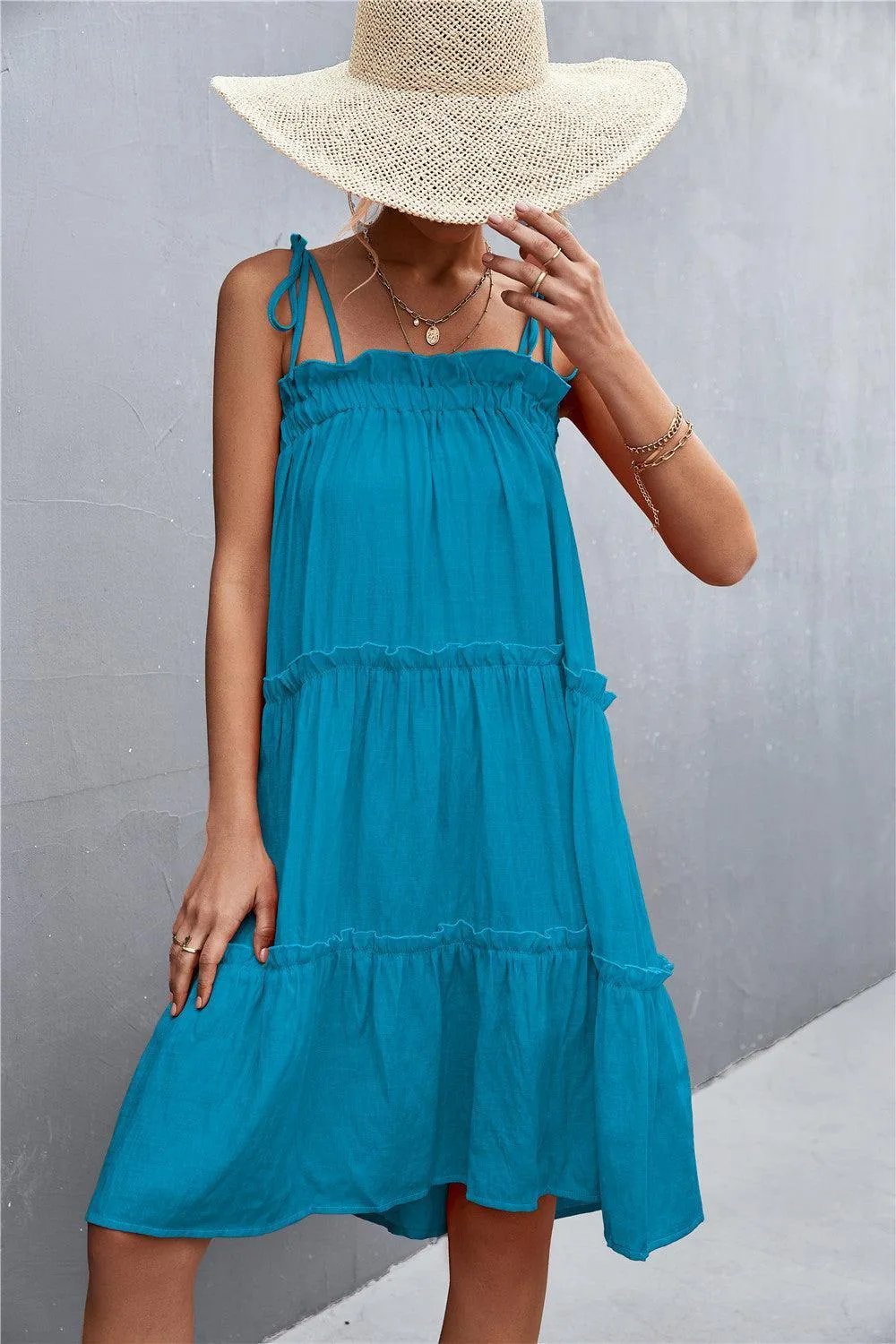 Tie-Shoulder Frill Trim Sleeveless Dress - Trendsi