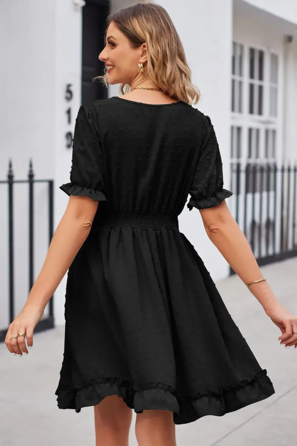 Swiss Dot Frill Trim Flounce Sleeve V-Neck Dress - Trendsi - Flyclothing LLC