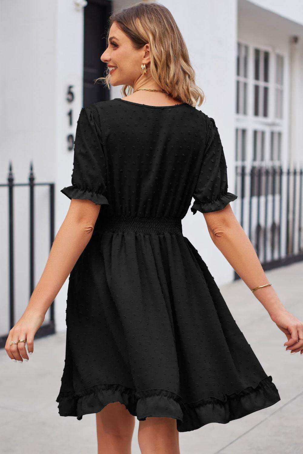 Swiss Dot Frill Trim Flounce Sleeve V-Neck Dress - Trendsi - Flyclothing LLC