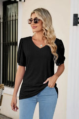 Eyelet Puff Sleeve V-Neck Top - Trendsi - Flyclothing LLC