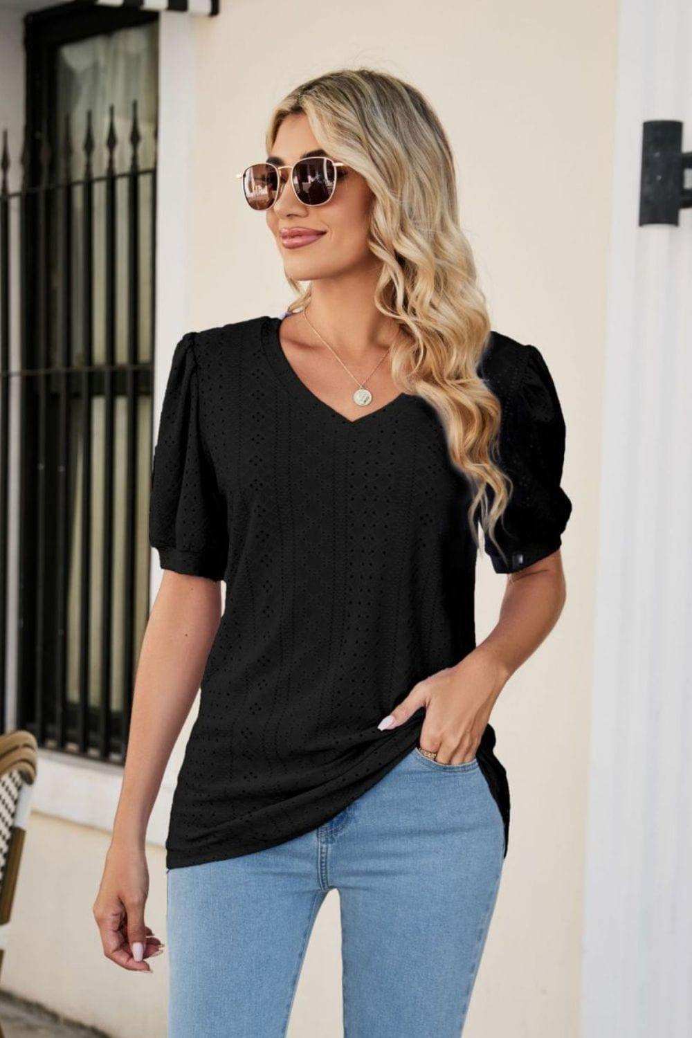 Eyelet Puff Sleeve V-Neck Top - Trendsi - Flyclothing LLC