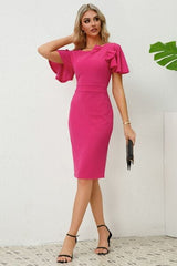 Slit Round Neck Flutter Sleeve Dress - Flyclothing LLC