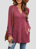 Slit Notched Pocketed Long Sleeve T-Shirt - Trendsi - Flyclothing LLC