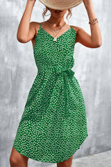 Printed V-Neck Tie Waist Mini Dress - Trendsi - Flyclothing LLC