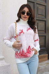 Reindeer & Snow Pattern Turtle Neck Pullover Sweater - Trendsi