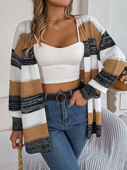 Openwork Striped Open Front Cardigan - Trendsi