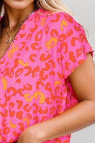 Printed V-Neck Cap Sleeve Blouse - Trendsi - Flyclothing LLC