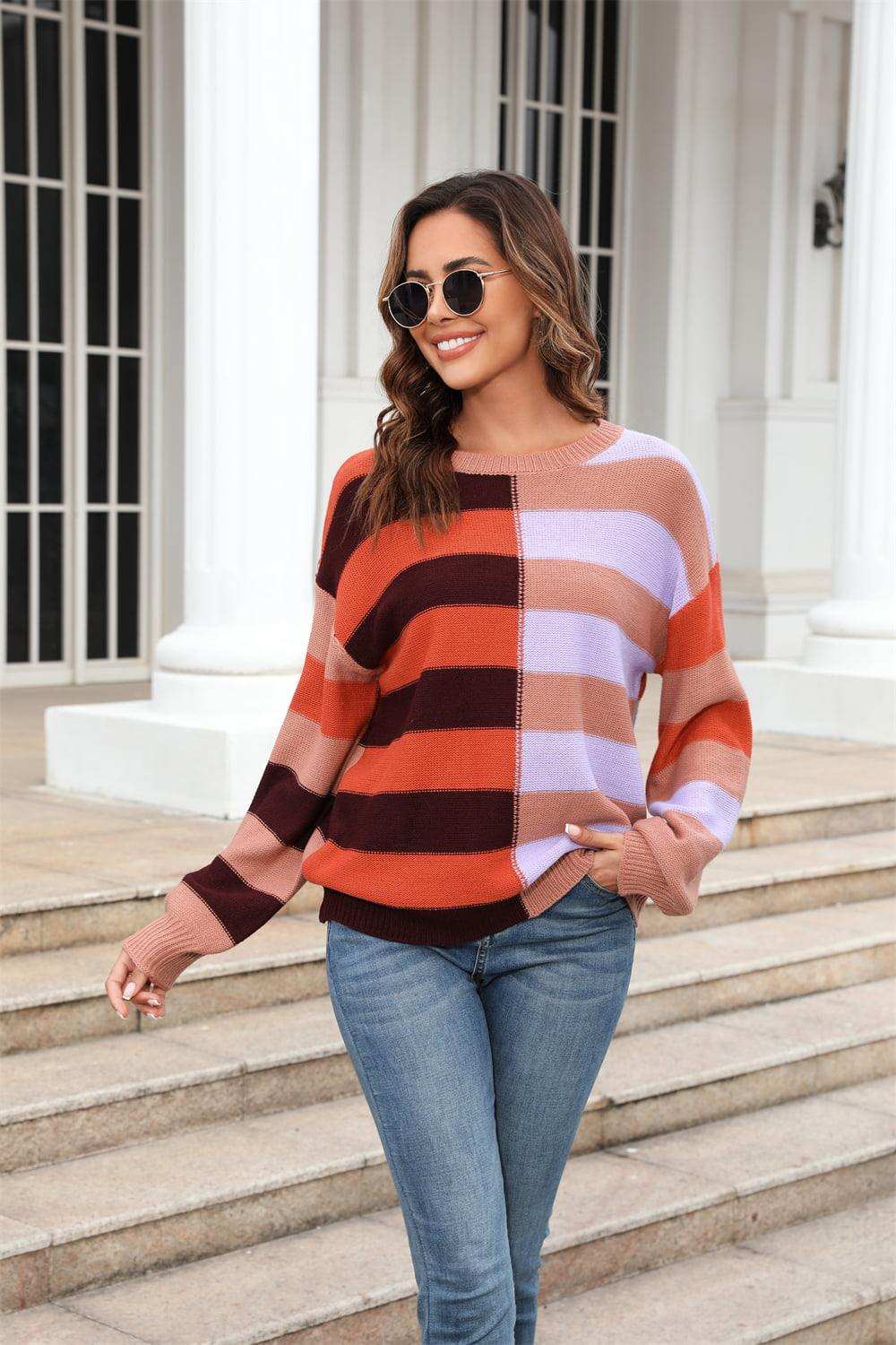 Round Neck Long Sleeve Color Block Dropped Shoulder Pullover Sweater - Trendsi - Flyclothing LLC
