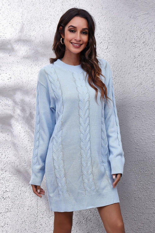 Cable-Knit Round Neck Sweater Dress - Trendsi
