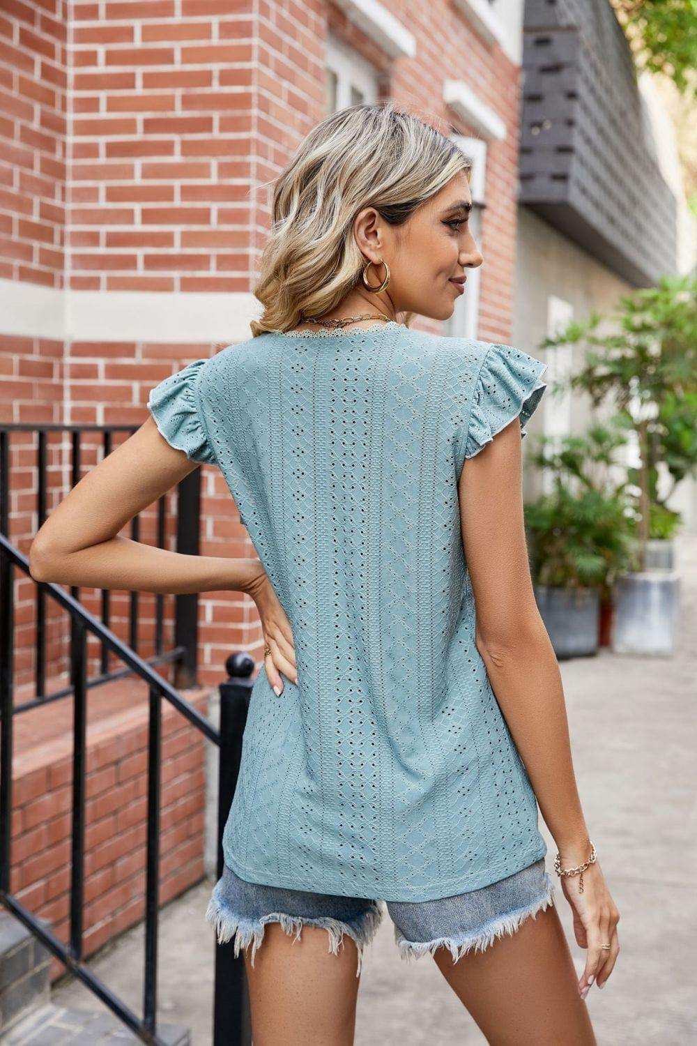 Eyelet Flutter Sleeve Scalloped V-Neck Top - Trendsi - Flyclothing LLC
