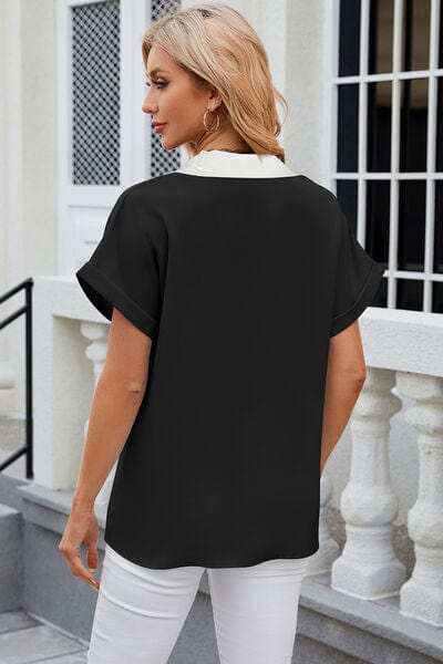 Contrast Johnny Collar Short Sleeve Blouse - Trendsi - Flyclothing LLC