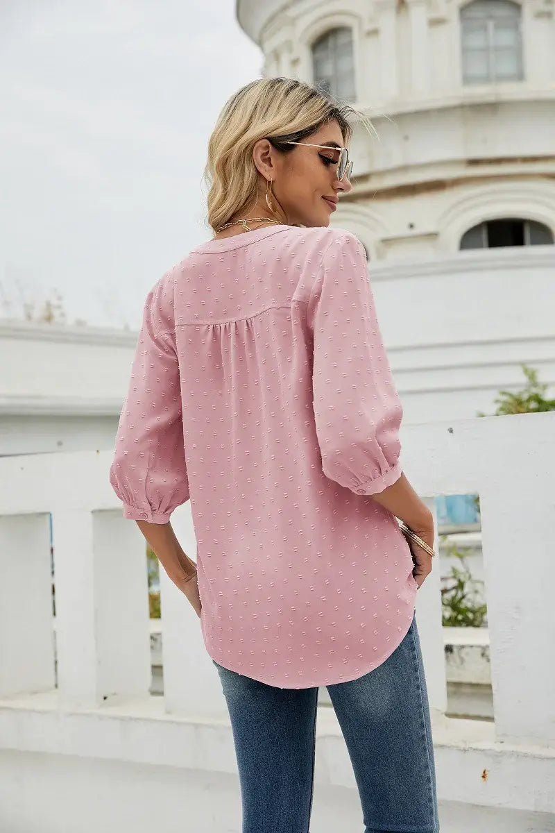 Swiss Dot Notched Neck Three-Quarter Sleeve Blouse - Trendsi - Flyclothing LLC