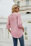 Swiss Dot Notched Neck Three-Quarter Sleeve Blouse - Trendsi - Flyclothing LLC