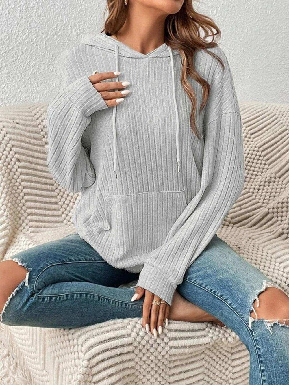 Ribbed Dropped Shoulder Drawstring Hoodie - Trendsi - Flyclothing LLC