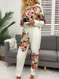 Printed Round Neck Top and Drawstring Pants Lounge Set - Trendsi