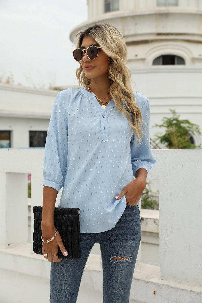 Swiss Dot Notched Neck Three-Quarter Sleeve Blouse - Trendsi - Flyclothing LLC