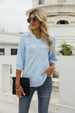 Swiss Dot Notched Neck Three-Quarter Sleeve Blouse - Trendsi - Flyclothing LLC
