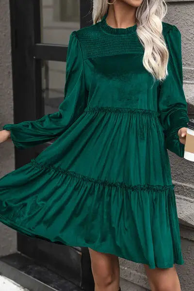 Smocked Balloon Sleeve Frill Trim Tiered Dress - Trendsi - Flyclothing LLC