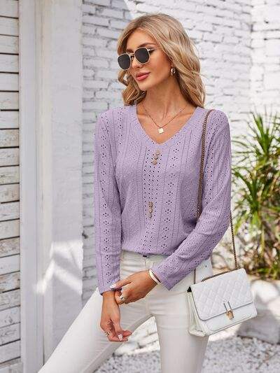 Decorative Button Openwork V-Neck T-Shirt - Trendsi - Flyclothing LLC