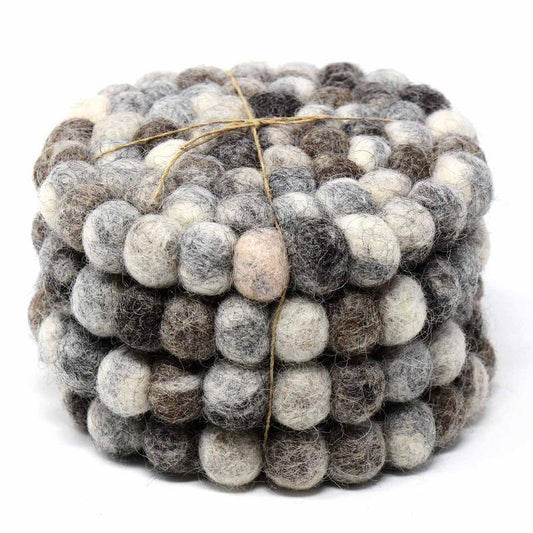 Hand Crafted Felt Ball Coasters from Nepal: 4-pack, Unicolor Grey - Global Groove (T) - Global Groove
