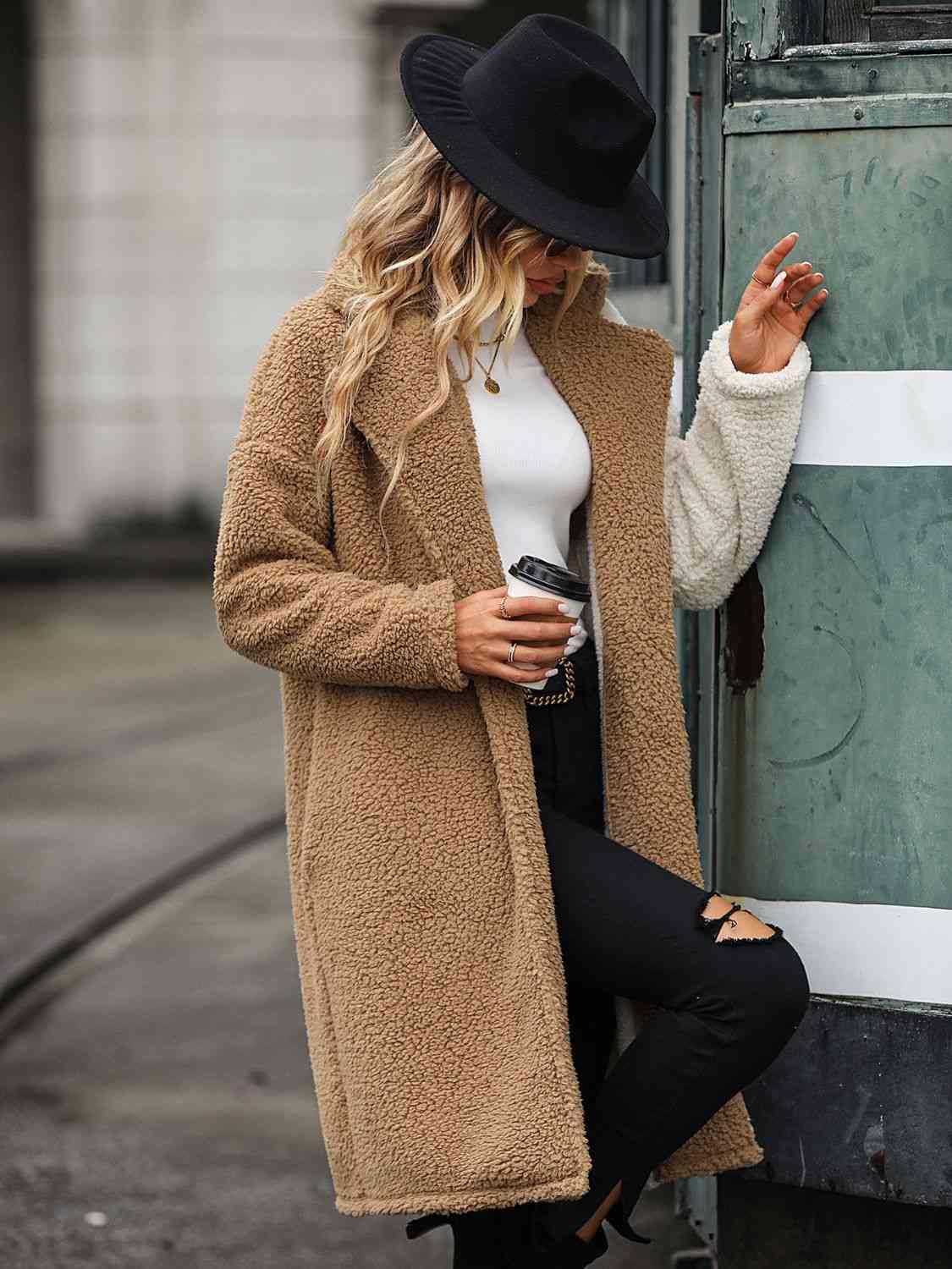 Contrast Dropped Shoulder Sherpa Coat - Trendsi