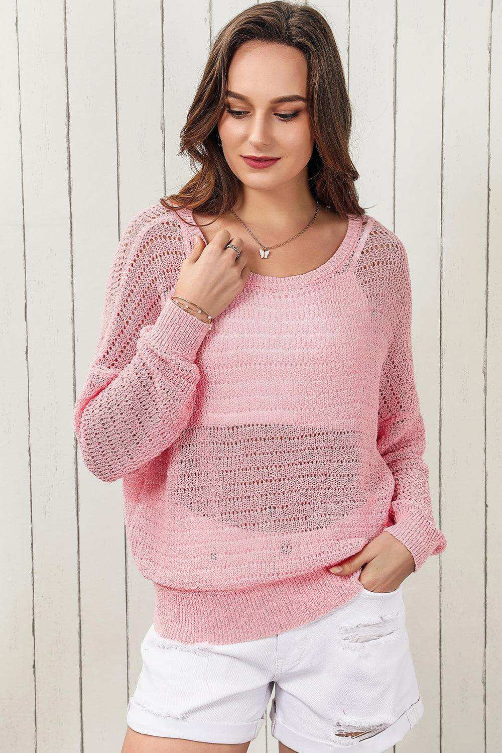 Openwork Round Neck Dropped Shoulder Knit Top - Trendsi - Flyclothing LLC
