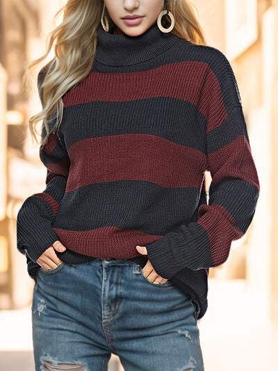 Striped Turtleneck Long Sleeve Sweater - Trendsi - Flyclothing LLC