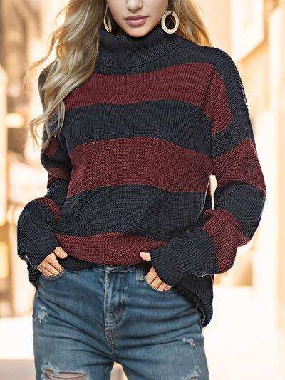 Striped Turtleneck Long Sleeve Sweater - Trendsi - Flyclothing LLC