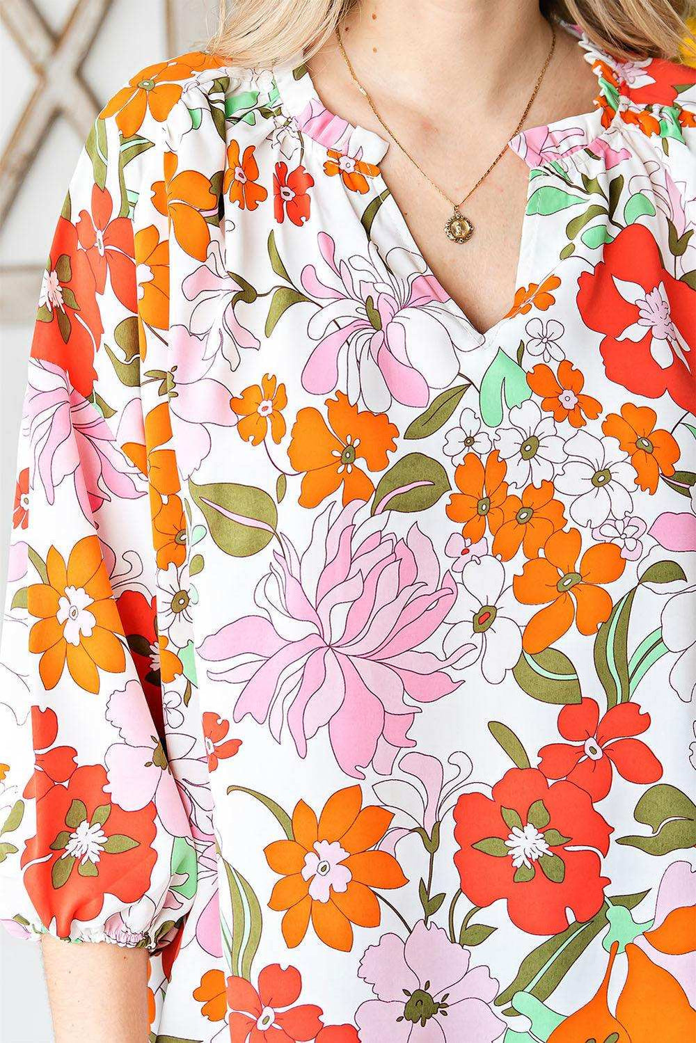 Floral Notched Neck Balloon Sleeve Blouse - Trendsi - Flyclothing LLC