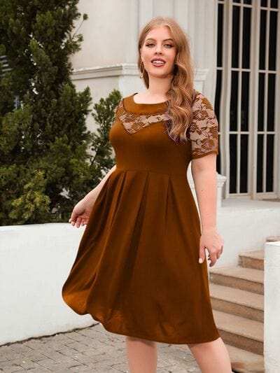 Plus Size Ruched Round Neck Short Sleeve Dress - Trendsi - Flyclothing LLC