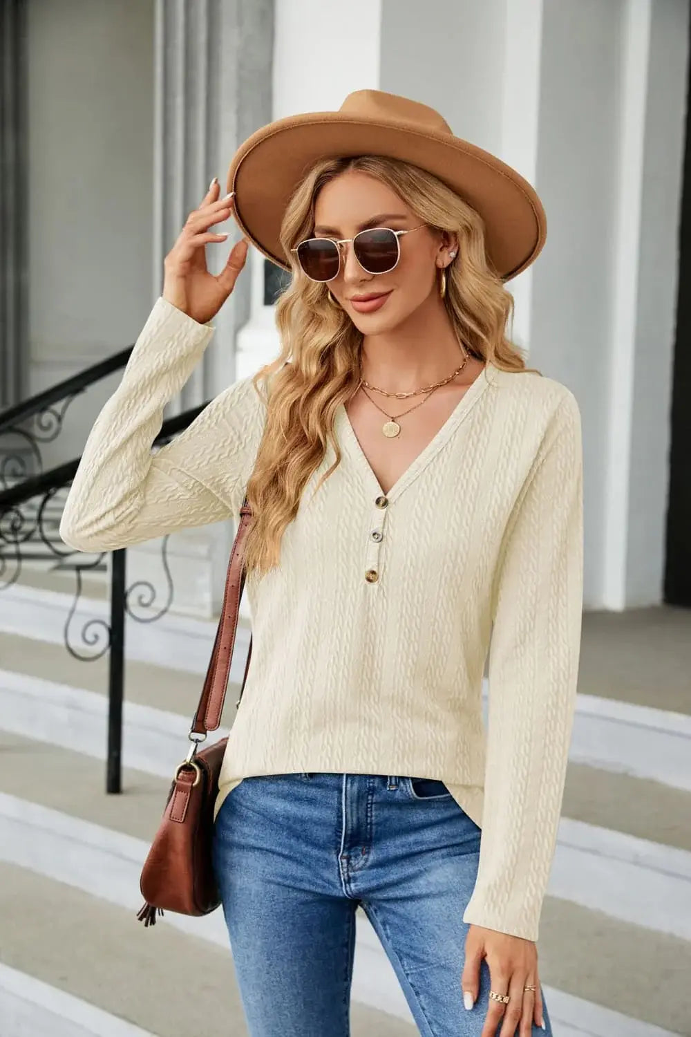 Cable-Knit Long Sleeve V-Neck T-Shirt - Trendsi - Flyclothing LLC
