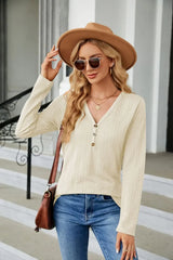 Cable-Knit Long Sleeve V-Neck T-Shirt - Trendsi - Flyclothing LLC